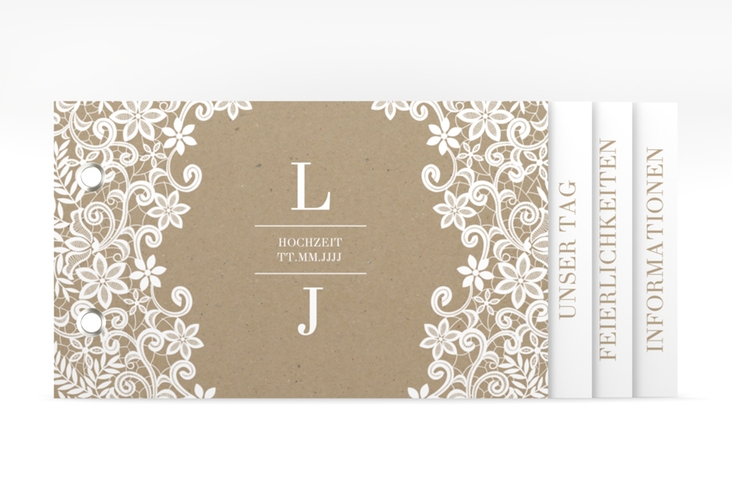 Hochzeitseinladung Bella Booklet Kraftpapier mit weißer Brautspitze um Initialen