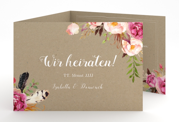 Hochzeitseinladung Flowers A6 Doppel-Klappkarte Kraftpapier hochglanz mit bunten Aquarell-Blumen