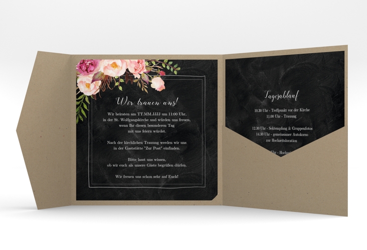 Hochzeitseinladung Flowers Pocketfold schwarz hochglanz mit bunten Aquarell-Blumen