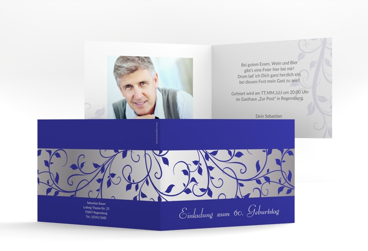 Einladung 60. Geburtstag Hermann/Hermine A6 Klappkarte quer blau