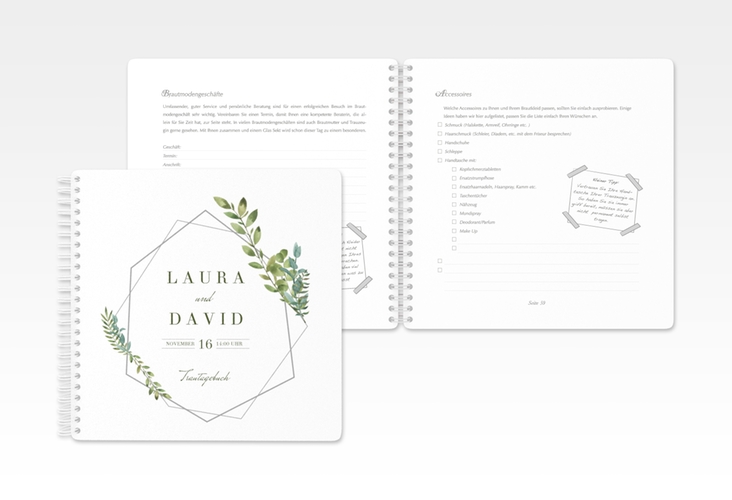 Trautagebuch Hochzeit Herbarium Trautagebuch Hochzeit grau mit geometrischem Rahmen und Blätter-Dekor