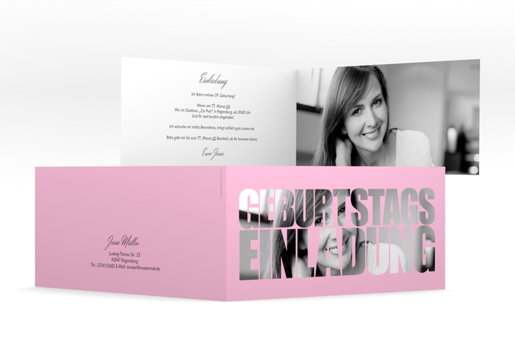 Einladung Geburtstag Jahreszahl lange Klappkarte quer rosa