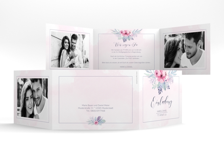 Hochzeitseinladung Surfinia A6 Doppel-Klappkarte rosa hochglanz