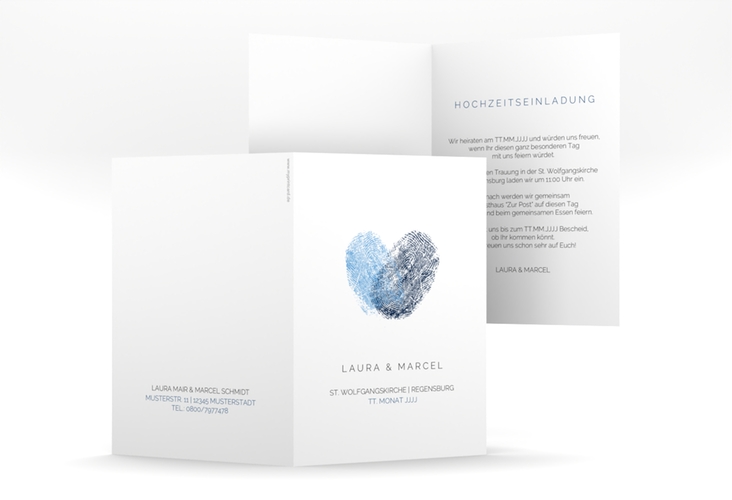 Einladungskarte Hochzeit Fingerprint A6 Klappkarte hoch blau hochglanz schlicht mit Fingerabdruck-Motiv
