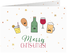 Weihnachtskarte Gaumenfreude A6 Klappkarte quer mit beschwipsten Getränken im Cartoon-Stil