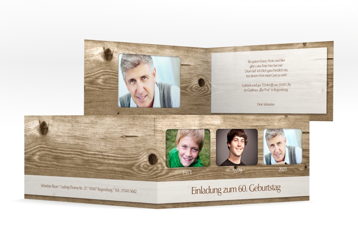 Einladung 60. Geburtstag Michael/Michaela lange Klappkarte quer hochglanz im rustikalen Holz-Design mit Foto
