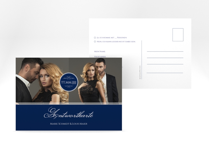 Antwortkarte Hochzeit Elegancy A6 Postkarte blau hochglanz