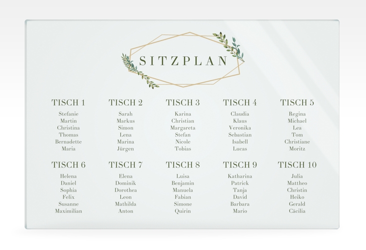 Sitzplan Acryl Hochzeit Herbarium 60 x 40 cm Acryl gold mit geometrischem Rahmen und Blätter-Dekor