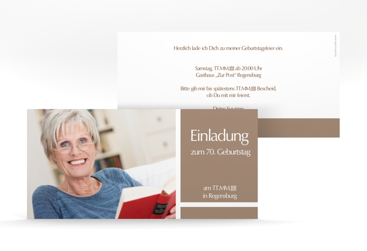 Einladung 70. Geburtstag Gerd/Gerda lange Karte quer braun mit Foto