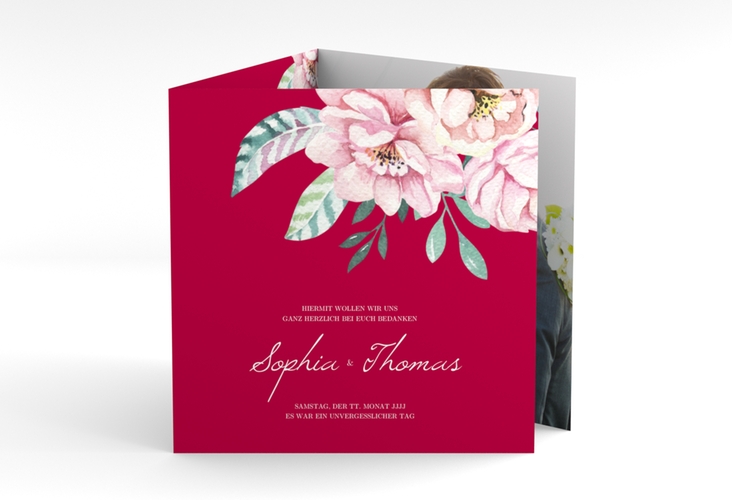 Dankeskarte Hochzeit "Blooming" quadr. Doppel-Klappkarte rot hochglanz