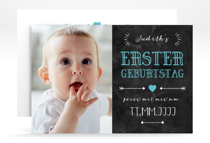 Einladungskarte Kindergeburtstag Kinderspiel A6 Karte quer zum 1. Geburtstag in Schiefertafel-Optik mit Foto