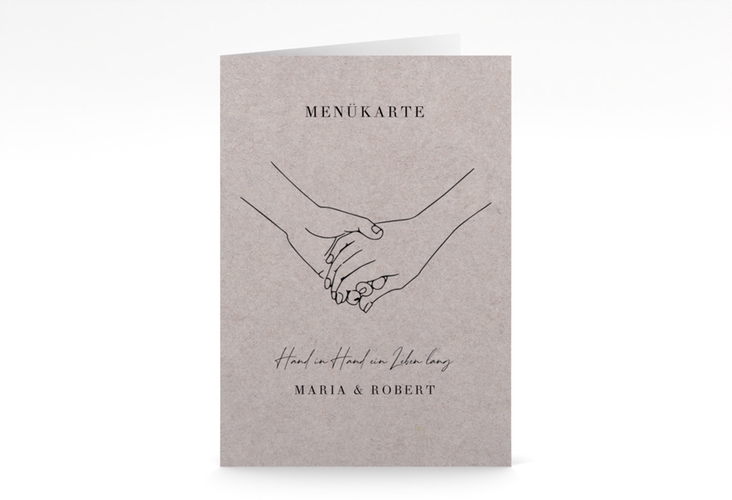 Menükarte Hochzeit Hands A5 Klappkarte hoch Kraftpapier mit sich haltenden Händen im Monoline-Stil
