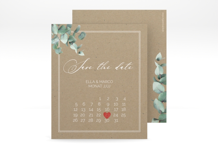 Save the Date-Kalenderblatt Eucalypt Kalenderblatt-Karte Kraftpapier mit Eukalyptus und edlem Rahmen