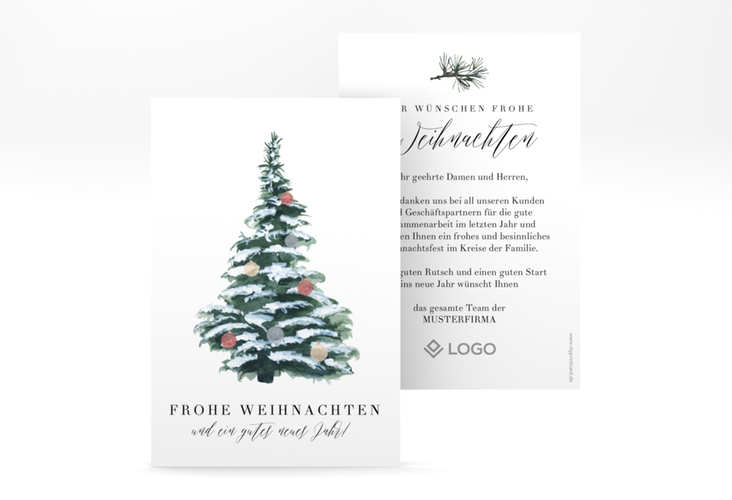 Business-Weihnachtskarte Wintertanne A6 Karte hoch gruen mit dekoriertem Tannenbaum voll Schnee