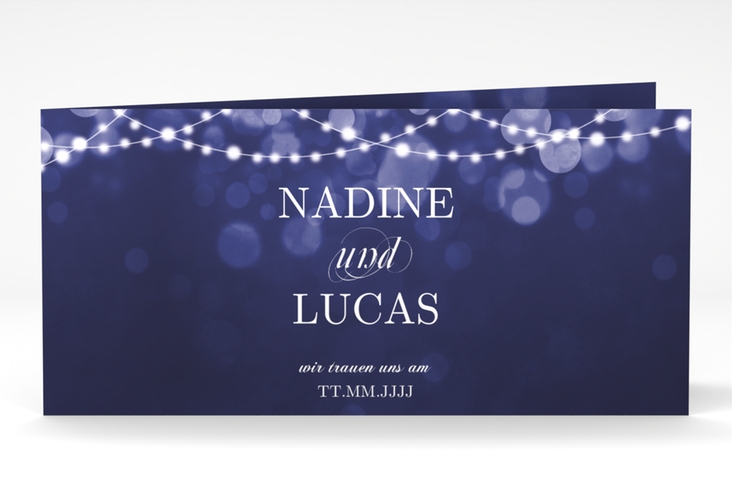 Hochzeitseinladung Lichtspiel lange Klappkarte quer blau