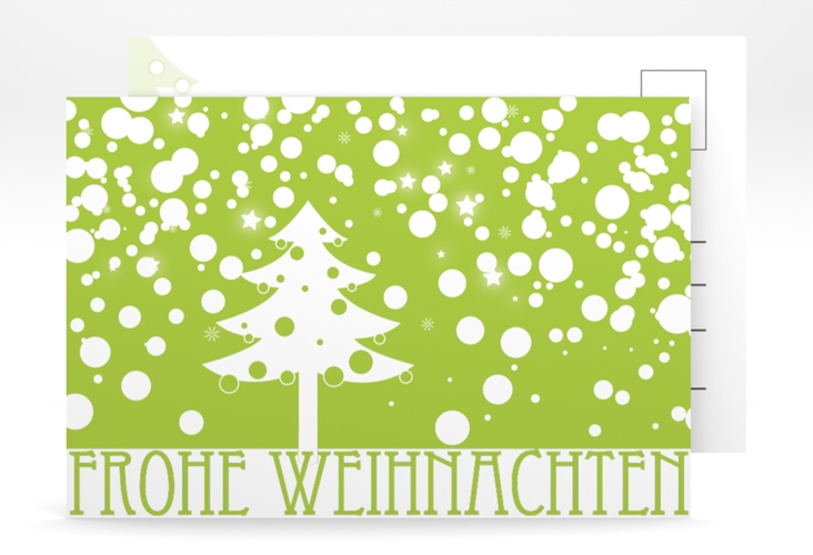 Weihnachtskarte Wishes A6 Postkarte gruen hochglanz mit Winterlandschaft und Art Déco Schriftzug