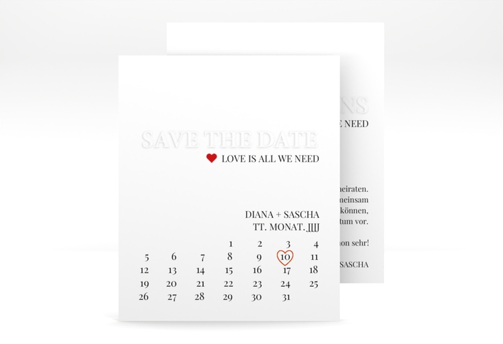 Save the Date-Kalenderblatt Embossing Kalenderblatt-Karte rot hochglanz