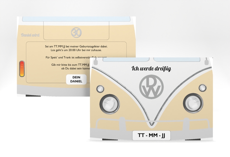Einladung 30. Geburtstag Bulli Bus A6 Karte quer beige
