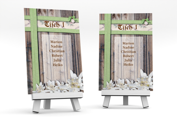 Tischaufsteller Hochzeit Bayern Tischaufsteller gruen hochglanz mit Edelweiß in rustikaler Holz-Optik