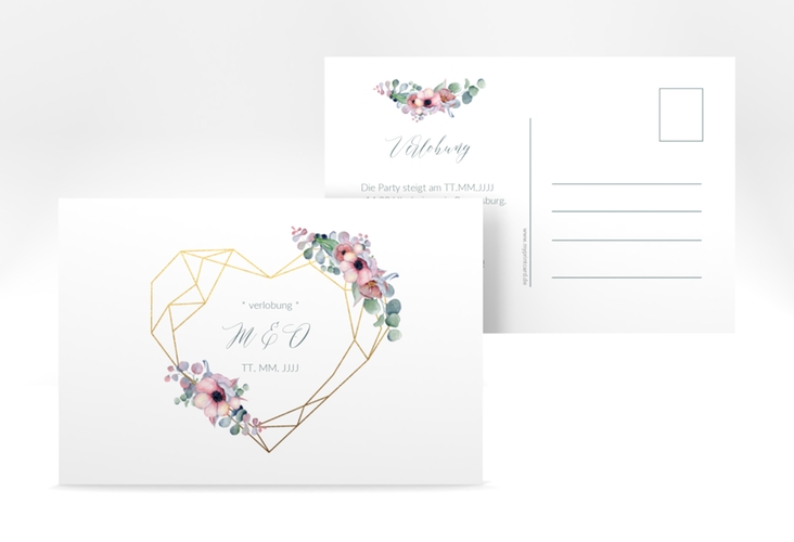 Verlobungskarte Hochzeit "Herzgold" DIN A6 Postkarte weiss