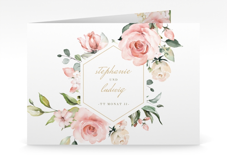 Hochzeitseinladung Graceful mittlere Klappkarte quer weiss hochglanz mit Rosenblüten in Rosa und Weiß