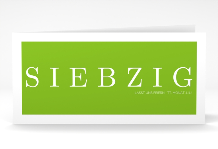 Einladung 70. Geburtstag Schlicht lange Klappkarte quer gruen hochglanz