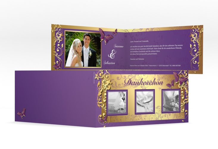 Dankeskarte Hochzeit Toulouse lange Klappkarte quer lila hochglanz