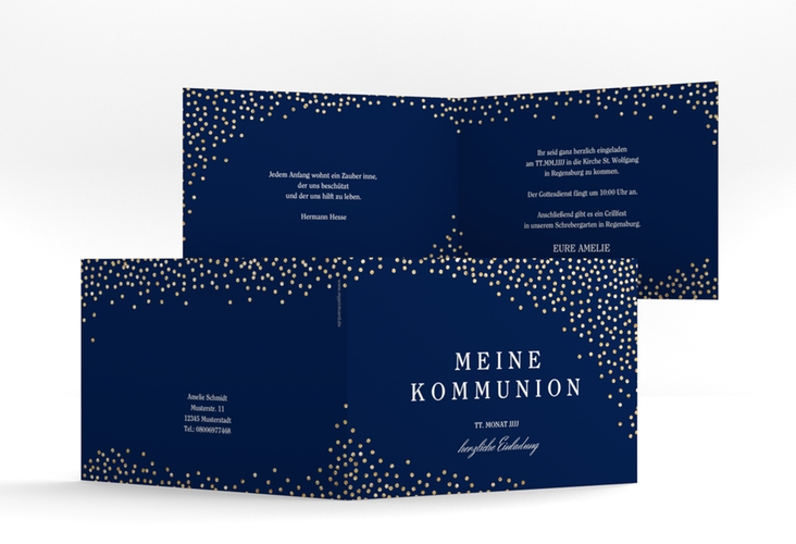 Einladung Kommunion Glanzvoll A6 Klappkarte quer blau