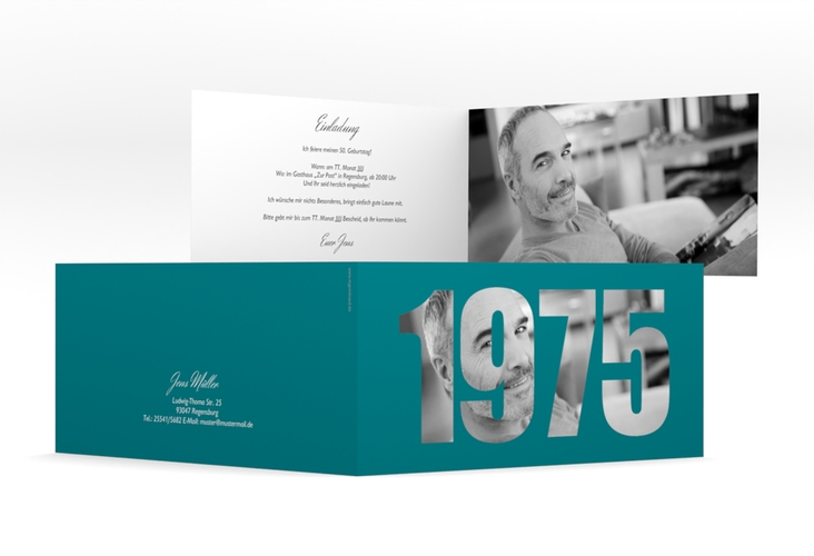 Einladungskarte Jahreszahl 2025 lange Klappkarte quer tuerkis hochglanz