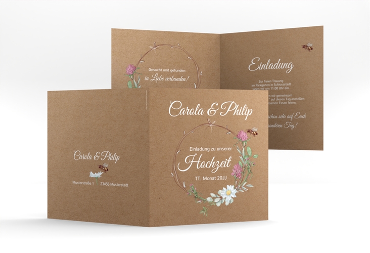 Hochzeitseinladung Honey quadr. Klappkarte Kraftpapier mit Wiesenblumen und Biene