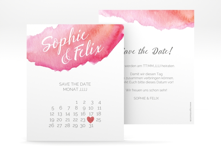 Save the Date-Kalenderblatt Aquarella Kalenderblatt-Karte rot hochglanz