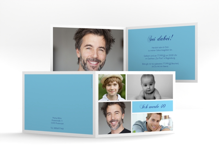 Einladung 40. Geburtstag Bilderserie A6 Klappkarte quer blau mit mehreren Fotos