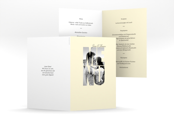 Menükarte Hochzeit Letters A5 Klappkarte hoch beige hochglanz