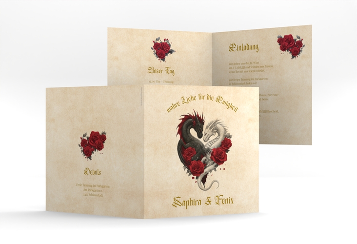 Hochzeitseinladung Drachenliebe quadr. Klappkarte mit schwarzem und weißem Drachen zu einem Herz verschlungen