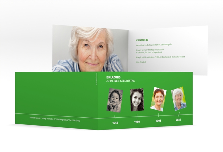Einladung 80. Geburtstag Timeline lange Klappkarte quer gruen hochglanz