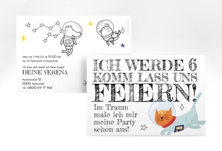 Einladungskarte Kindergeburtstag Welttraum A6 Karte quer mit Weltraum-Katze