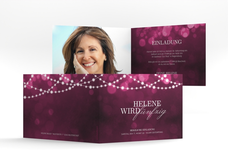Einladung 50. Geburtstag Girlande A6 Klappkarte quer edel mit Bokeh-Effekt