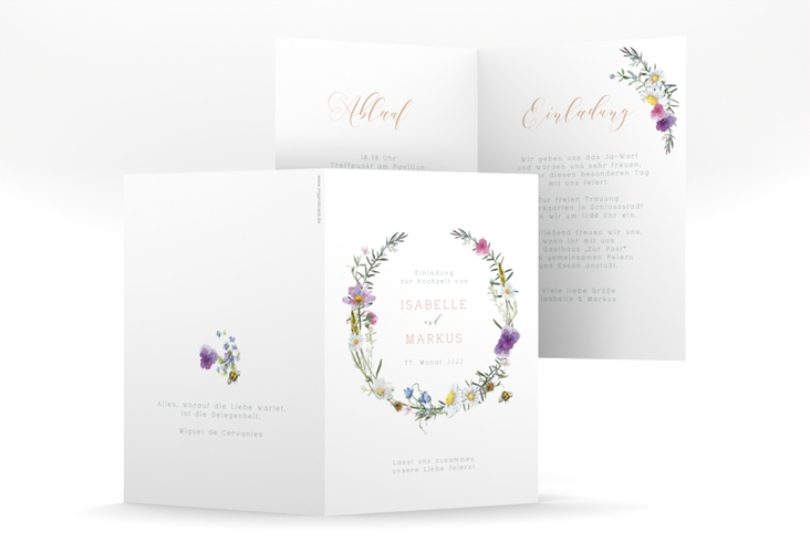Einladungskarte Hochzeit Blumengarten A6 Klappkarte hoch weiss mit Blumenkranz und Hummel