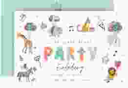 Einladungskarte Kindergeburtstag Partytier A6 Karte quer bunt mit lustigen Zootieren und Luftballons