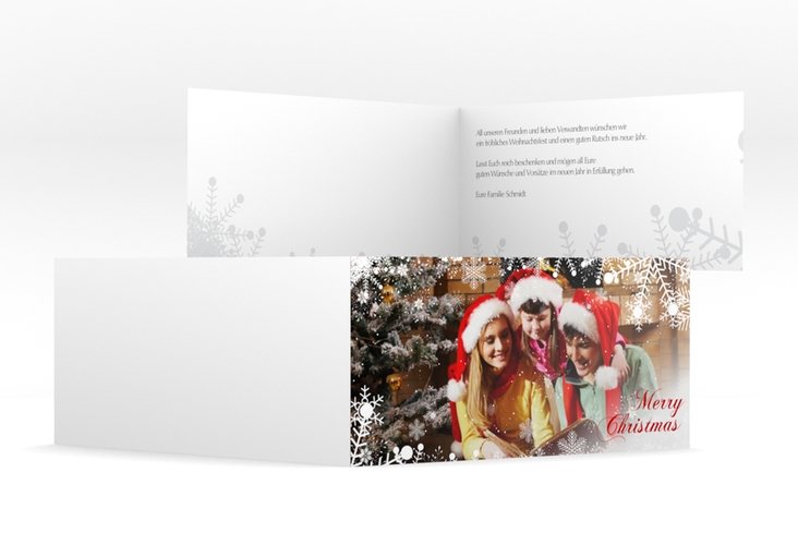 Weihnachtskarte "Heiligabend" DIN lang Klappkarte weiss mit Foto und Schneeflocken-Dekor