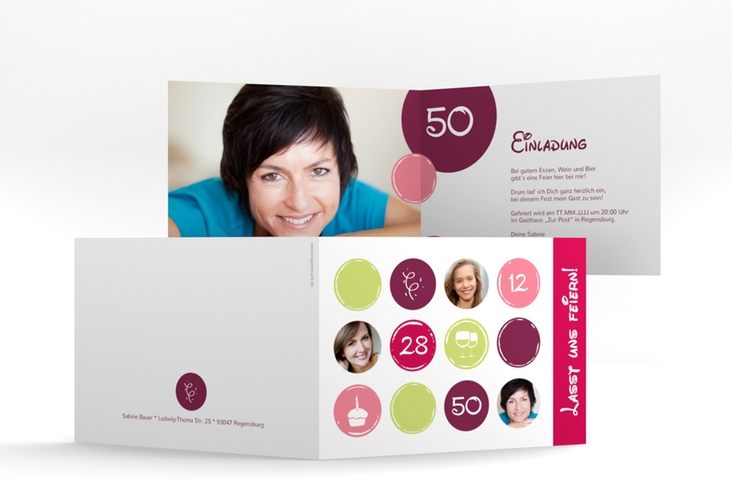 Einladung 50. Geburtstag Circles A6 Klappkarte quer pink