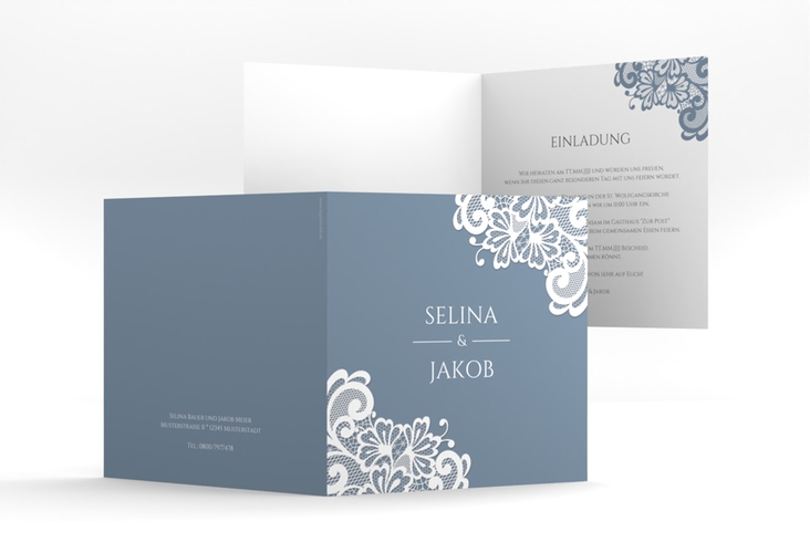 Hochzeitseinladung Vintage quadr. Klappkarte blau mit floraler Spitze