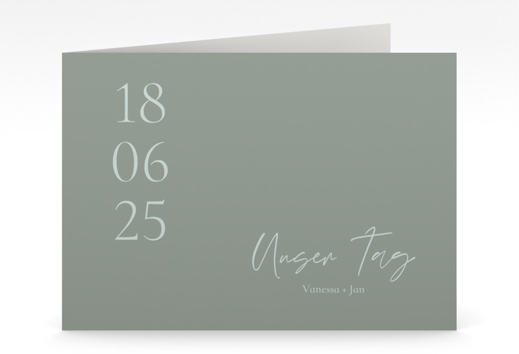 Hochzeitseinladung Day mittlere Klappkarte quer gruen hochglanz mit Datum im minimalistischen Design