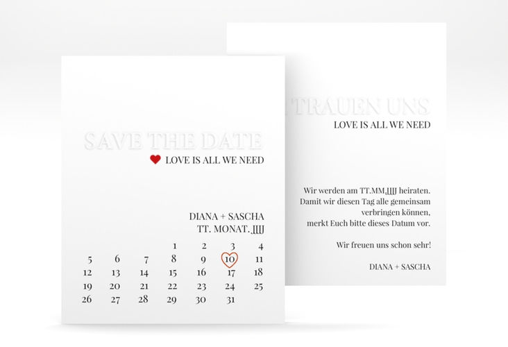 Save the Date-Kalenderblatt Embossing Kalenderblatt-Karte hochglanz