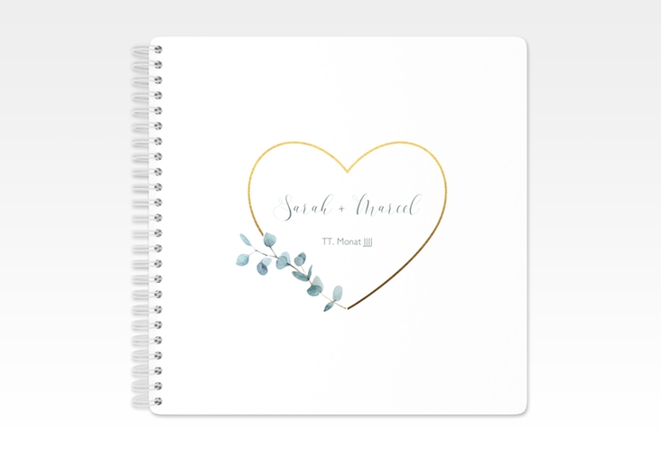Gästebuch Hochzeit Greenheart Ringbindung gold mit elegantem Herz und Eukalyptus-Zweig