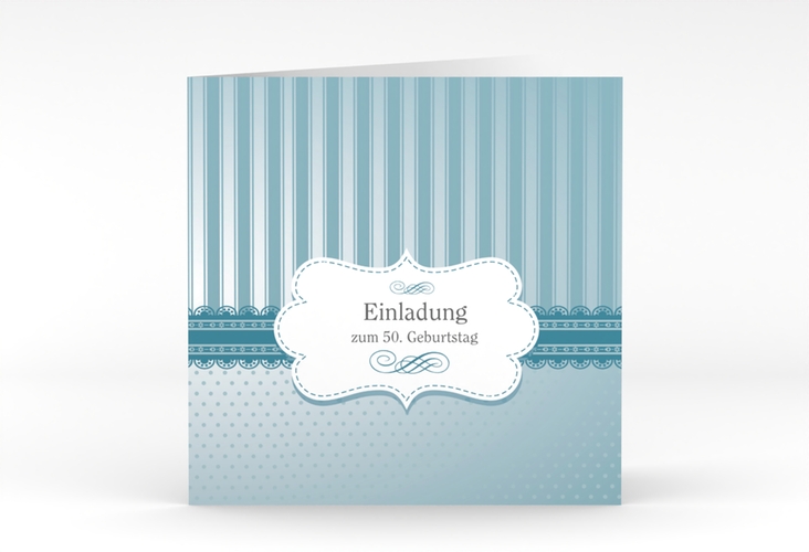Einladung 50. Geburtstag Heinrich/Henriette quadr. Klappkarte blau mit frechen Polka Dots