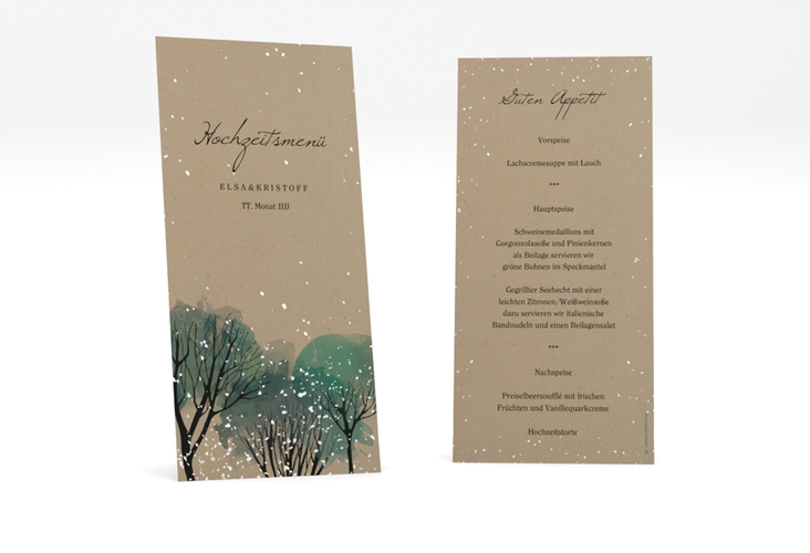 Menükarte Hochzeit Winterhochzeit lange Karte hoch Kraftpapier hochglanz
