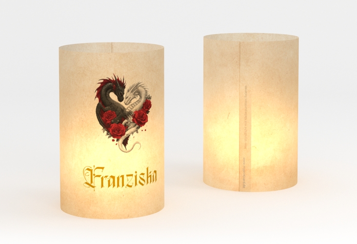 Windlicht Hochzeit Drachenliebe Windlicht beige mit schwarzem und weißem Drachen zu einem Herz verschlungen