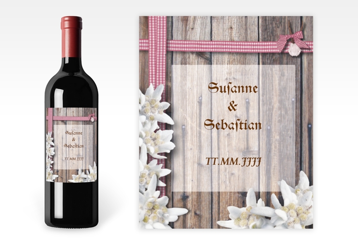 Weinflaschenetikett Hochzeit Bayern Etikett Weinflasche 4er Set rot mit Edelweiß in rustikaler Holz-Optik