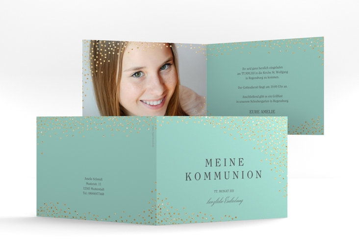 Einladung Kommunion Glanzvoll A6 Klappkarte quer mint hochglanz